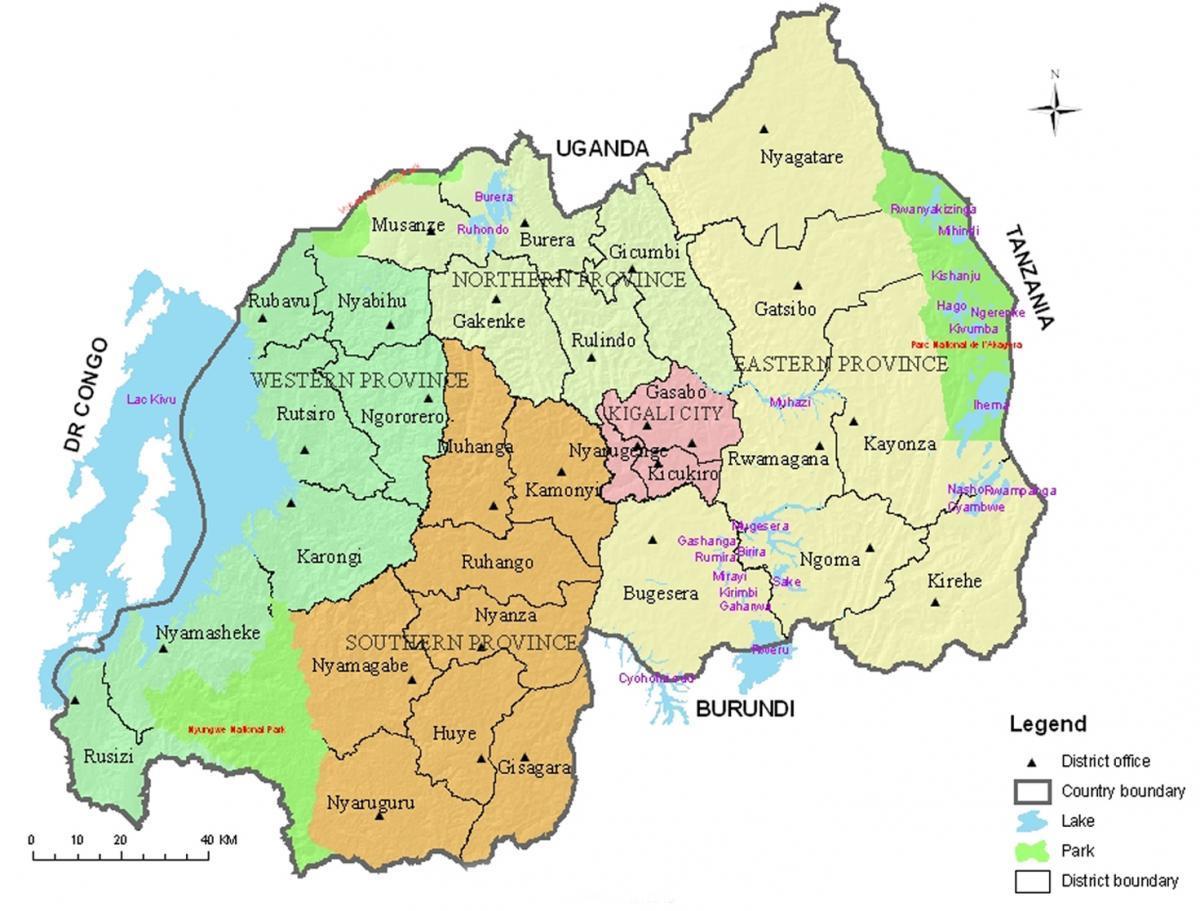 peta Rwanda dengan daerah dan sektor
